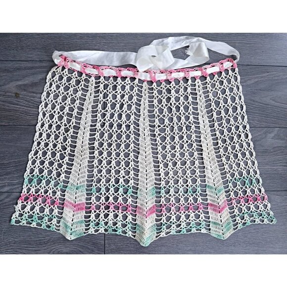 Vintage Crocheted Ecru Green  & Pink Crochet Apron Vintage - Picture 2 of 3
